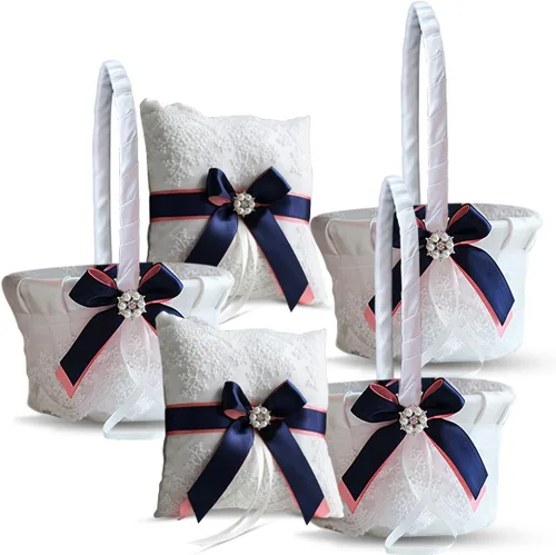 Miniatura 10 de Juego de almohada y cesta de anillo de marfil Colección de encaje niña de flores y cesta de bienvenida para invitados, cestas de boda hechas a