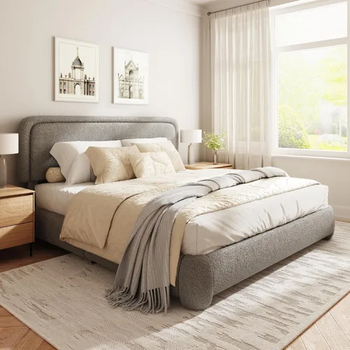 Miniatura 9 de Base de cama Boucle tamaño King, plataforma tapizada en nube con cabecero ajustable en altura y esquinas redondeadas suaves, no necesita somier, sin