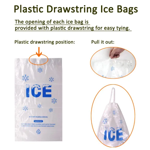 Miniatura 3 de Paquete de 100 bolsas de hielo de plástico con cordón de 20 libras, bolsas de hielo resistentes de 14 x 28 pulgadas con cuerda de plástico