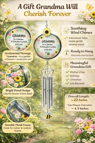 Miniatura 3 de Carillón de viento para abuela – Grandmother in a Garden of Flowers I'd Pick You – Campanilla de viento floral de abeja de girasol – Regalo colgante
