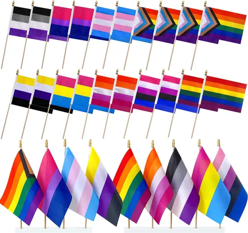 Progress Rainbow - Juego de banderas de orgullo gay en palo de madera, pequeñas banderas de mano LGBTQ Inlcusivas, 5 x 8 pulgadas, paquete de 20