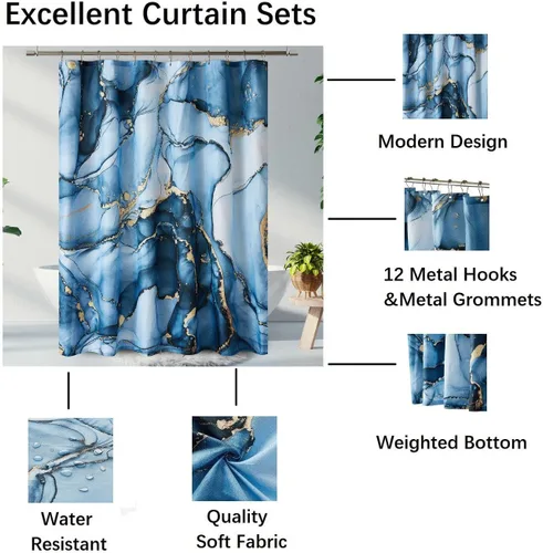 Miniatura 3 de Juego de cortinas de ducha de mármol azul dorado, cortinas de ducha abstractas de mármol para decoración de baño con 12 ganchos de metal, accesorios