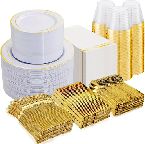 NOCCUR 700 platos de plástico dorados, juego de vajilla desechable dorada para 100 personas, incluye 200 platos de cena/postre, 300 cubiertos, 100