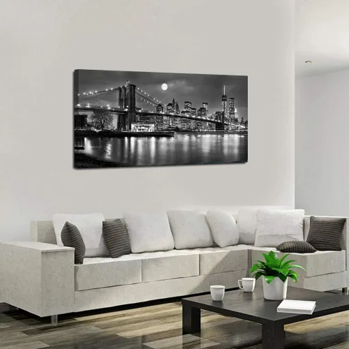 Miniatura 3 de LevvArts - Lienzo de Nueva York en blanco y negro con imagen del puente de Brooklyn, arte de pared, noche de luna llena, póster de la ciudad