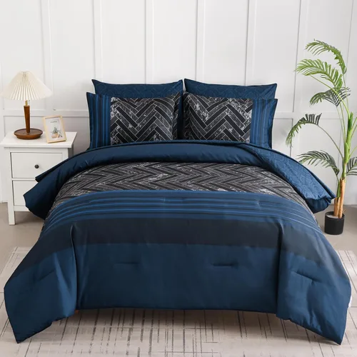 Miniatura 10 de Luxudecor Juego de Edredón Negro Tamaño King, 7 Piezas Cama en una Bolsa de Rayas Geométricas, Juego de Edredón Geométrico y Sábanas, Juego Completo