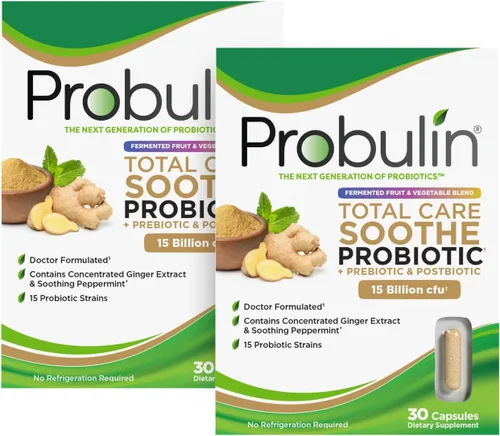 Miniatura 9 de Probulin Total Care Soothe Prebiótico, probiótico y postbiótico + jengibre y menta para calmar la digestión, 15 mil millones de UFC, 15 cepas, 30