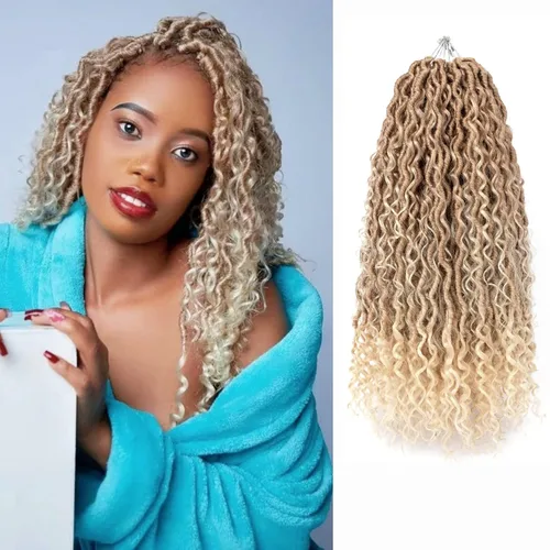 Miniatura 17 de Copper Goddess Faux Locs Cabello de Ganchillo con Puntas Rizadas, 7 Paquetes de 14 Pulgadas Boho Goddess Locs Cabello de Ganchillo, Cabello