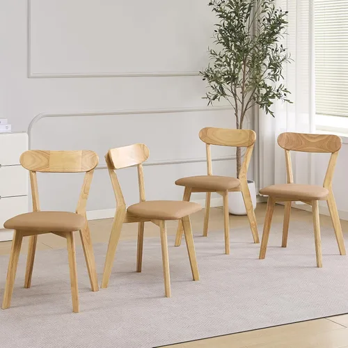 Miniatura 13 de Juego de 4 sillas de comedor tapizadas de madera maciza con asiento marrón acolchado de piel sintética para el hogar, cocina, sala de estar, comedor