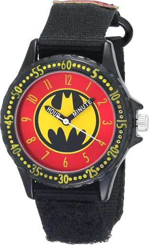 Accutime Reloj analógico de cuarzo Batman para niños, niñas y adultos de todas las edades, Cara roja y correa negra, Batman Reloj de pulsera