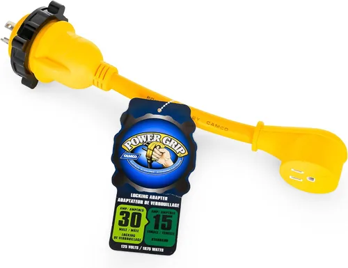 Camco PowerGrip - Adaptador eléctrico de 12 pulgadas, extremo de bloqueo macho de 30 amperios a extremo estándar hembra de 15 amperios (55616)