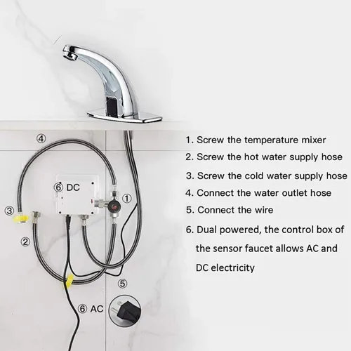 Miniatura 6 de Grifo de lavabo de baño Sensor automático de temperatura sin contacto, montaje en cubierta comercial, latón macizo, activado por movimiento, bañera