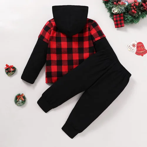 Miniatura 11 de YOUNGER TREE Conjunto de sudadera con capucha para niños pequeños, conjunto de camisa de franela a cuadros para otoño, invierno y primavera