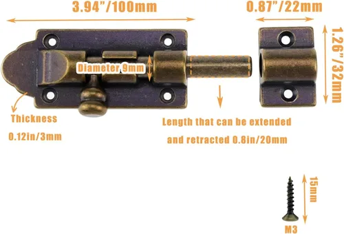 Miniatura 2 de Bronce latón antiguo barril cerrojo cerrojo 4 pulgadas cerradura deslizante seguridad deslizante con tornillos Hardware