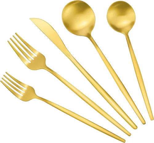 Miniatura 8 de Juego de cubiertos de acero inoxidable dorado mate para 4, vajilla de 20 piezas con cucharas y tenedores, apto para lavavajillas