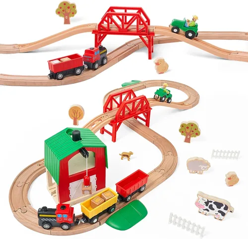 Miniatura 2 de Giant bean Juego de tren de granja de madera de 42 piezas para niños pequeños, tren que funciona con pilas, vía de tren con puente, granero, Juego