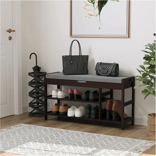 Miniatura 9 de HIFIT Banco Zapatero de Bambú con Almacenamiento, Banco de Almacenamiento de 2 Niveles para Entrada con Asiento Acolchado, Estante Organizador