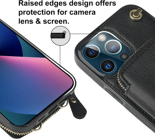 Miniatura 7 de Bocasal Funda tipo cartera cruzada para iPhone 13 Pro, funda de piel con bloqueo RFID y soporte para tarjetas, funda protectora con cremallera
