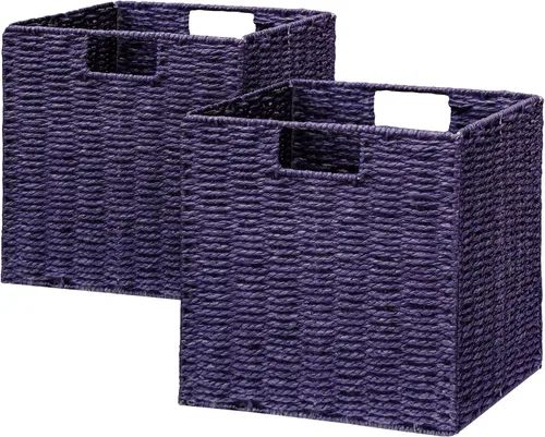 Miniatura 15 de VAGUSICC - Canastas de almacenamiento tejidas a mano, juego de 2, con asas, plegables, tipo cubo, de 13 pulgadas, grandes, de mimbre, para estantes