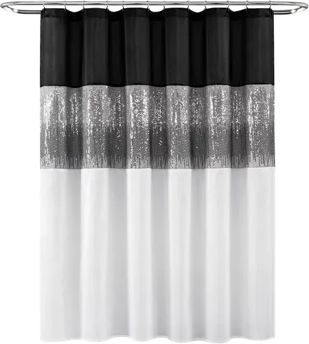 Miniatura 4 de Lush Decor Cortina de ducha Night Sky, individual, 72 x 72 pulgadas, negro y blanco - Cortina de ducha de lentejuelas - Cortina de baño de bloques