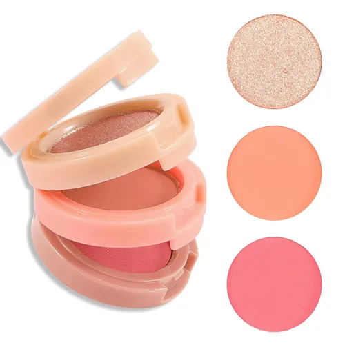 Miniatura 7 de Boobeen Kit de rubor e iluminador, paleta de polvo prensado de maquillaje 3 en 1, bronceador brillante, rubor mate naranja y rosa, paleta facial