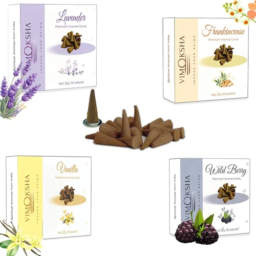 Cono de incienso Dhoop | 100% natural | Hecho a mano orgánico | Meditación de yoga | Incienso, bayas silvestres, lavanda, vainilla, paquete de 4,