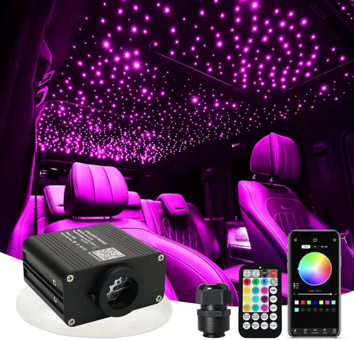 AMKI Luz de Fibra Óptica RGBW Actualizada de 16W Centelleante + Activada por Sonido Mixta 350pcs Cables de 0.03in 6.5ft APP Control Remoto Música