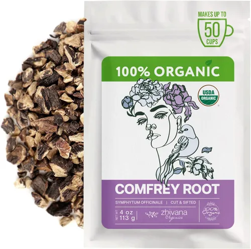 Zhivana Organics Raíz de Consuelda Orgánica (113 g) para la piel, huesos, músculos y ligamentos - Hierba de Consuelda (Symphytum Officinale) -