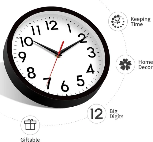 Miniatura 8 de DAXSMY Reloj de pared de 12 pulgadas, silencioso, sin tictac, funciona con pilas, reloj analógico decorativo para oficina, cocina, exterior, sala