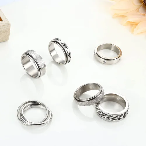 Miniatura 7 de Sanfenly 6 anillos giratorios de acero inoxidable para mujeres y hombres anillos antiansiedad anillo de luna estrella arena acabado explosivo alivio