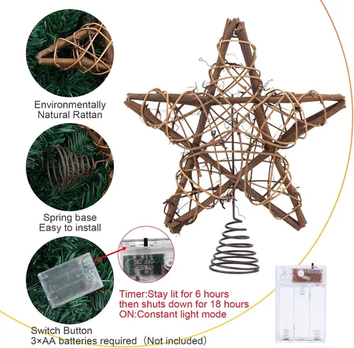 Miniatura 3 de LAWOHO Estrella para la Copa del Árbol de Navidad, Ratán Natural Marrón Rústico de 10 Pulgadas con 10 Luces Blancas Cálidas, Tres Funciones