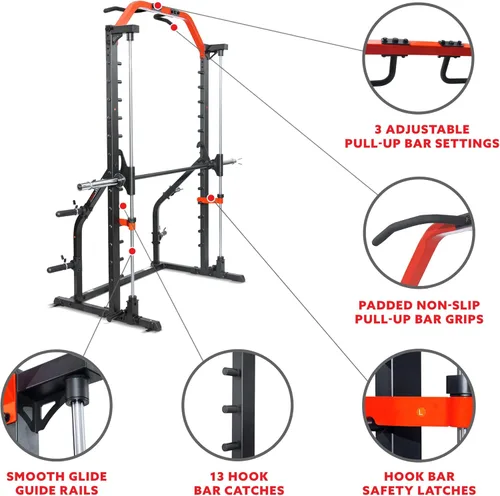 Miniatura 3 de Sunny Health & Fitness - Estante de potencia prémium para máquina de sentadillas, alta capacidad de carga, altura ajustable, barra de dominadas
