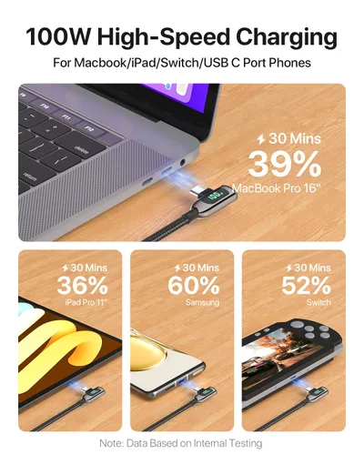 Miniatura 6 de SOOPII 100W Cable USB C a USB C de Ángulo Recto, Cable de Aleación de Zinc de 1 Pie de Tipo-C Trenzado de Nylon con Pantalla LED para iPad