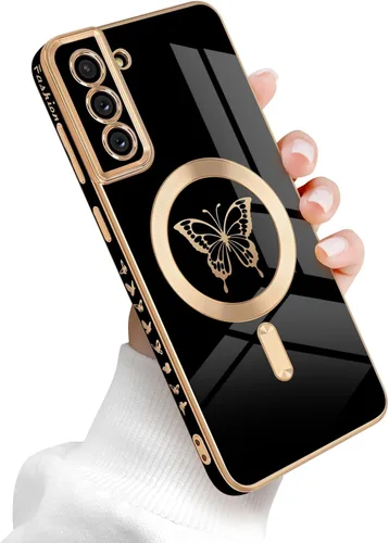Newseego Funda magnética para Samsung Galaxy S21 Plus 5G, bonita funda de lujo con borde chapado de mariposa para mujeres, niñas y hombres, TPU
