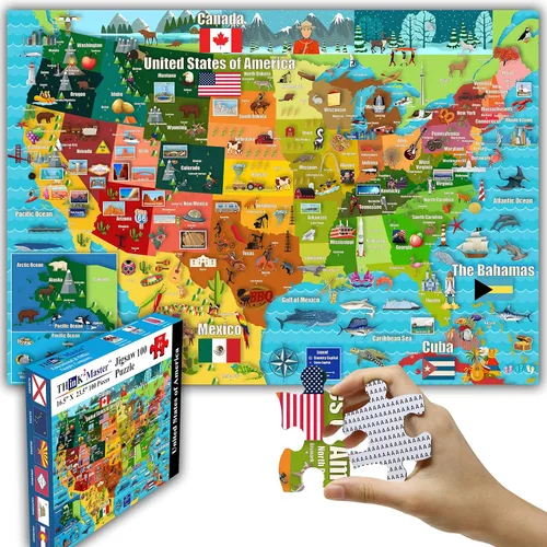 Think2Master Colorido rompecabezas de 100 piezas con mapa de Estados Unidos, ideal para familias. Gran regalo de EE. UU. 23.4 x 16.5 pulgadas