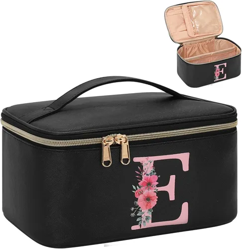 Miniatura 75 de OCHEAL Bolsa de maquillaje personalizada, bolsa de maquillaje beige para mujer, kit de aseo de viaje con monograma, organizador de cosméticos listo