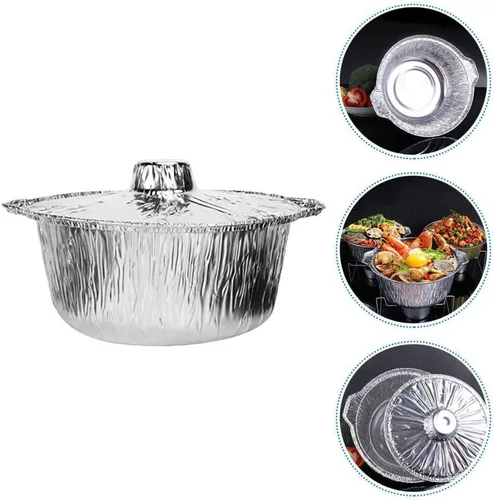 Miniatura 3 de Yardwe Sartenes redondos de papel de aluminio con tapas, 5 latas de aluminio desechables, contenedor de alimentos, moldes de papel de aluminio