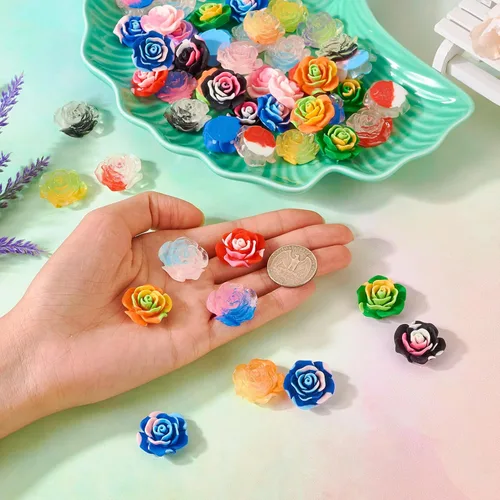 Miniatura 2 de Craftdady 75 cabujones de resina que brillan en la oscuridad, 15 estilos de cuentas de flores con parte trasera plana, adornos florales sin