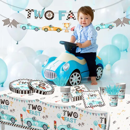 Miniatura 4 de 142 piezas de vajilla y decoraciones de fiesta de cumpleaños Two Fast para niños, banderas a cuadros azules de autos de carrera, rueda de carreras
