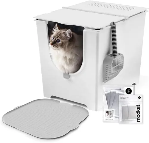 Miniatura 8 de Modkat® Caja de arena abatible, entrada frontal, base sin costuras de altura completa, forro de arena reutilizable, cuchara de arena para tamizar, 2