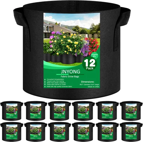 JNYONG Paquete de 12 bolsas de cultivo no tejidas gruesas de 15 galones, macetas de tela de aireación con asas (negro)