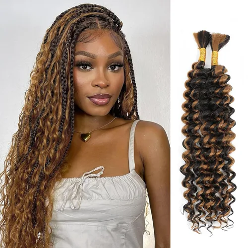 Miniatura 52 de Mezcla de cabello humano trenzado sintético bohemio para trenzar, 16 pulgadas de onda profunda a granel para trenzas bohemias, 2 piezas de cabello 1b