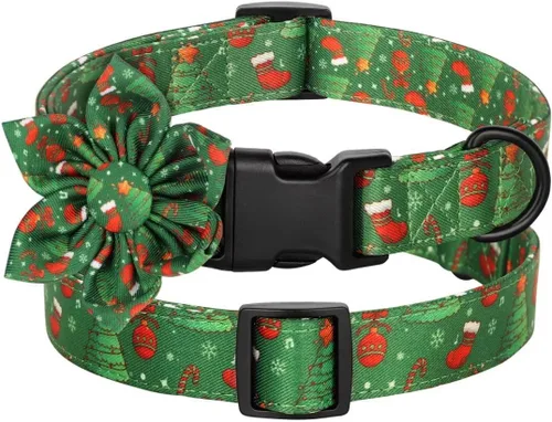 Miniatura 6 de Collar de perro de Navidad lindo de Beirui para hembra con flor, collares de Navidad para perritas con patrones navideños, collar suave rojo