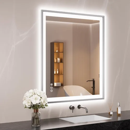 Miniatura 83 de Espejo de baño LED de 60x36 pulgadas con marco negro, espejos de baño retroiluminados y con luz frontal para pared, antiempañamiento, regulable