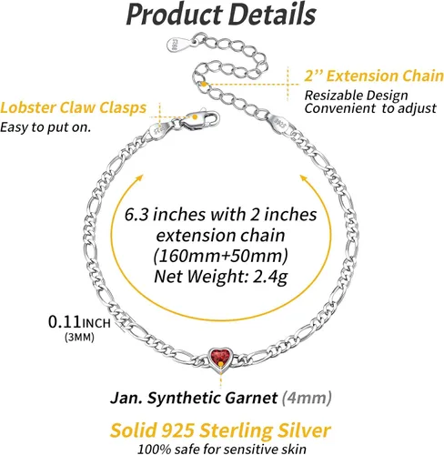 Miniatura 5 de ChicSilver Pulsera de plata de ley 925 con forma de corazón y piedra natal redonda para mujer, regalo de joyería de cumpleaños para el día