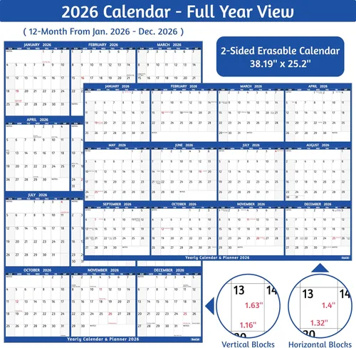 Miniatura 3 de Calendario de borrado en seco 2026, calendario anual grande de pared 2026, 38.2 x 25.2 pulgadas, calendario reversible de 2 lados 2026