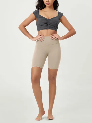 Miniatura 39 de ODODOS Camiseta corta sin mangas con cuello en V y frente fruncido para mujer, recortada en la espalda, manga casquillo