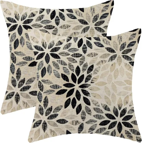 Juego de 2 fundas de almohada florales negras de 18 x 18 pulgadas, decoración de granja de dalia para exteriores, diseño geométrico, fundas de cojín