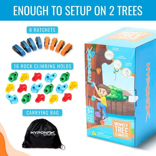 Miniatura 4 de Kit de escalada de árbol ninja: 16 soportes grandes de escalada y 8 trinquetes, configuración rápida de 10 minutos, agarres texturizados, diseño