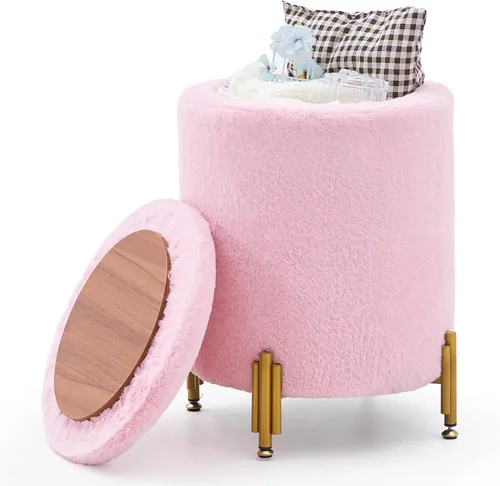 Miniatura 19 de Otomana Redonda Reposapiés con Almacenamiento y Patas de Metal para Sala de Estar y Dormitorio, Reposapiés Tapizado de Terciopelo Soporta 300 libras