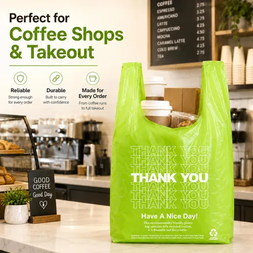 Miniatura 6 de YoYoRain 100 unidades de bolsas de camiseta “Gracias” – Bolsas de plástico verdes para compras con asas, para venta al por menor, abarrotes